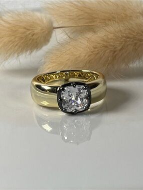 18K Gold Plated Over Brass Cubic Zirconia Rhodium Bezel Cigar Band Ring Size 9